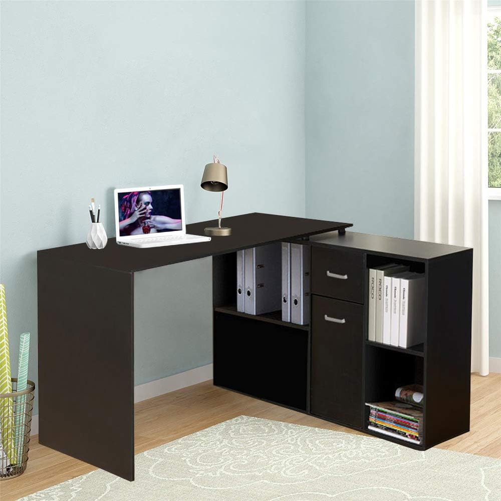 Warmiehomy L-Shaped Office Computer Desk,360°Rotatable Adjustable Corner Computer Desk-PC Table With Storage for Home Workstation (Black)
