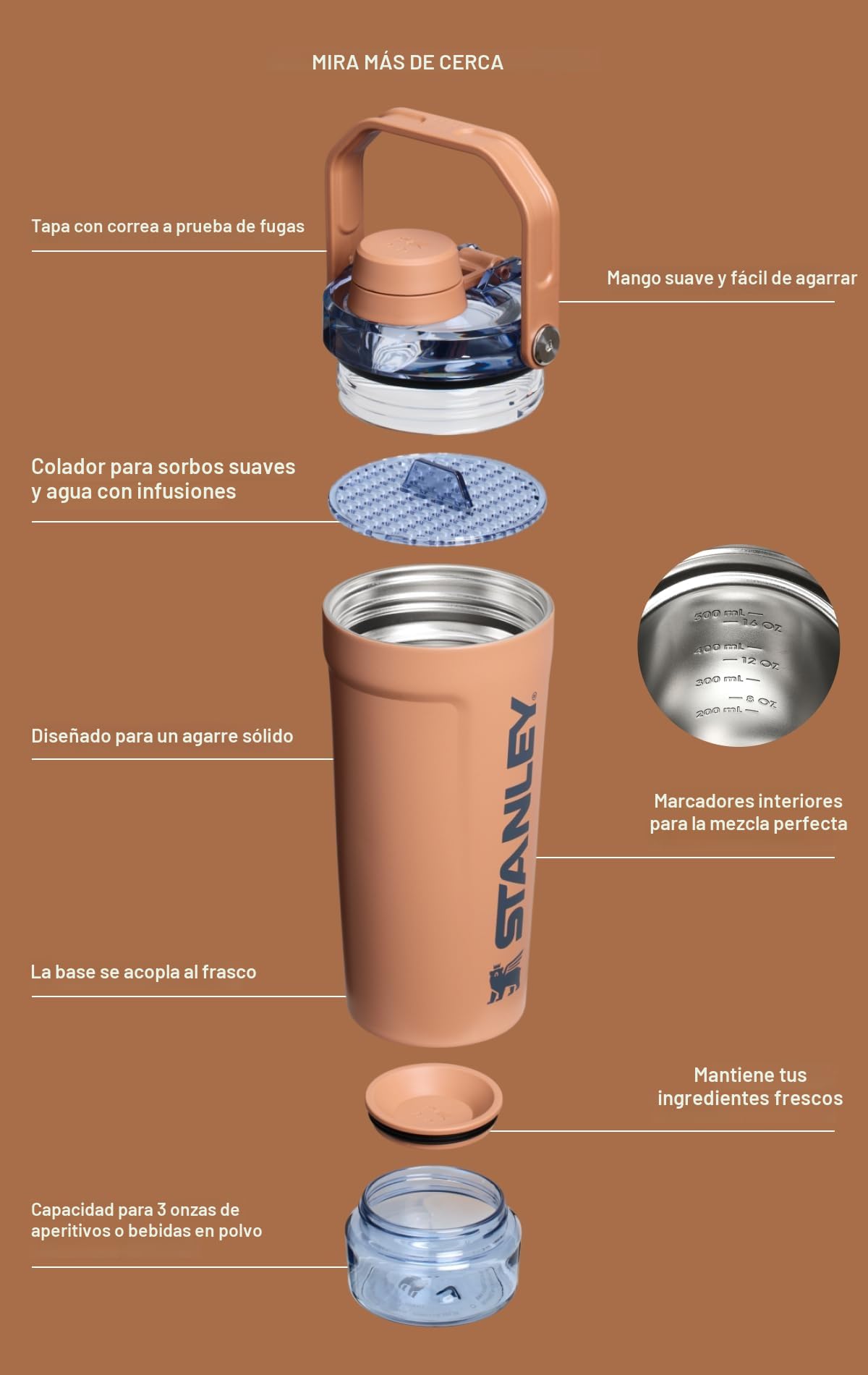 Stanley Activate - Botella mezcladora de 20 onzas, vaso agitador de acero inoxidable aislado a prueba de fugas, almacenamiento base y tapa de flujo rápido giratorio, batidos de proteínas y polvo para
