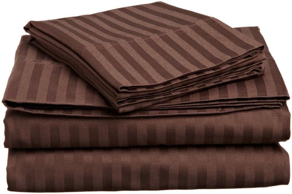 LaxLinen 600-Thread Count Super Soft Quality 100% Egyptian Cotton 1Pc Fitted Sheet 18 Inch Extra Deep Pocket with 2Pc Pillow Case Expanded/Super/Olympic Queen, Navy Blue Stripe