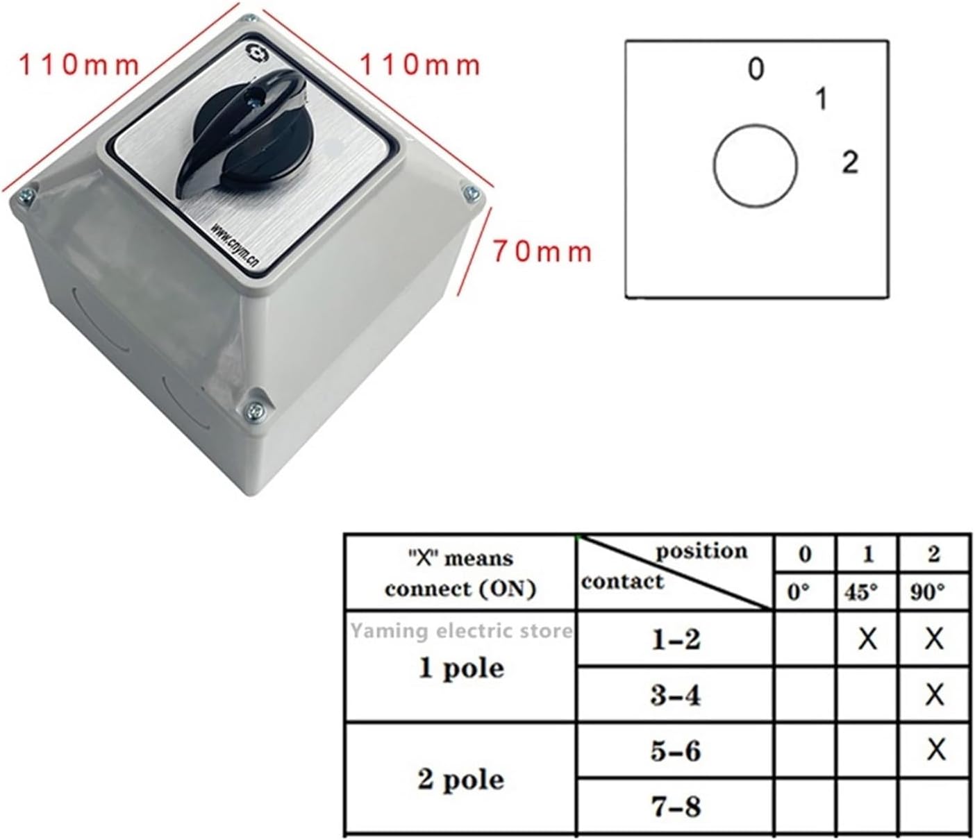 LW26-32 YMW26-32/2M Changeover cam Rotary Switch 32A 2 Poles with Waterproof Box IP65 Select arc extinguishing Chamber Silver(012 with Box)