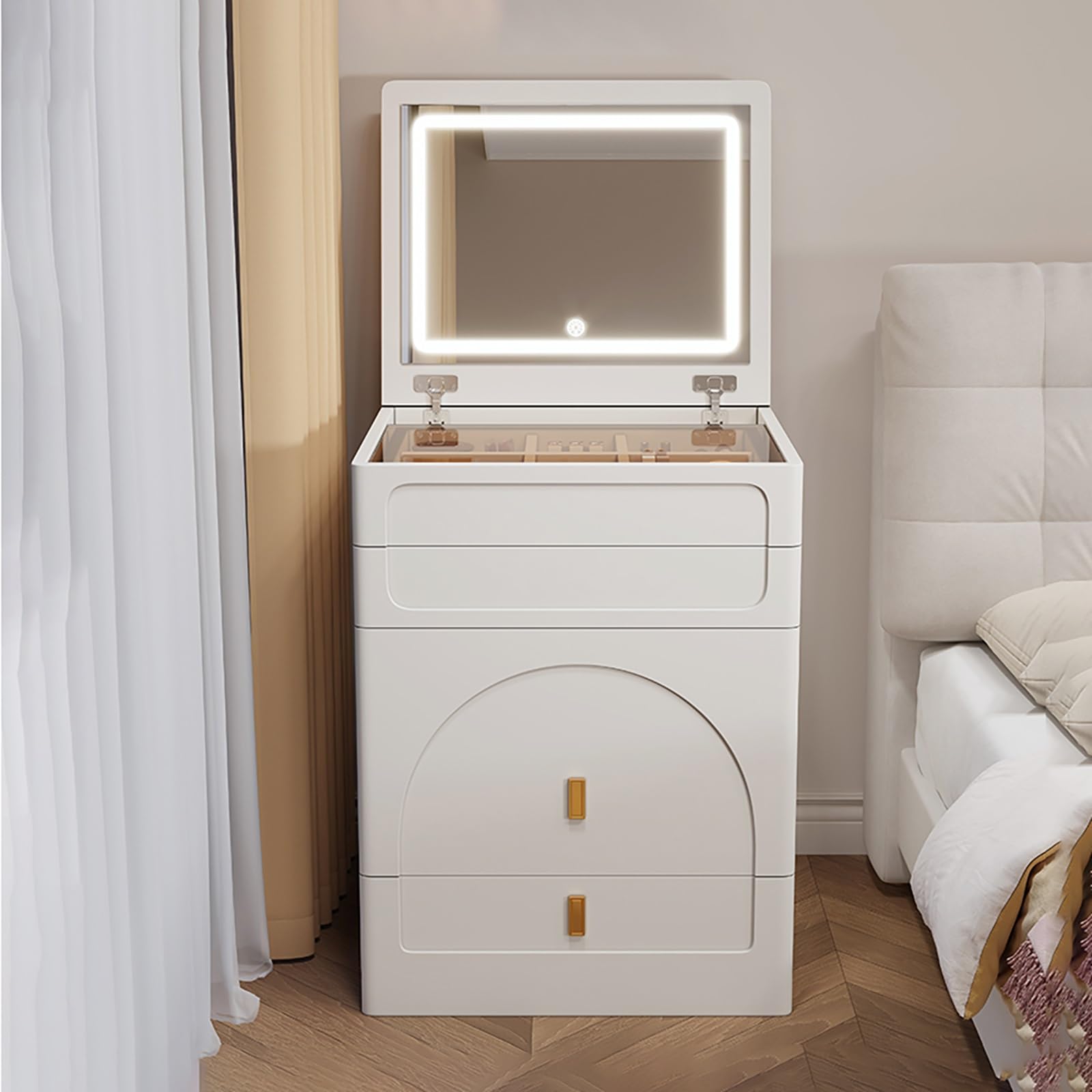 asdchZen White Makeup Vanity Set With Lighted Mirror, Dressing Table With Stool, 3 Color Lighting, Modern Beauty Station For Women & Girls,White-60x40x80cm