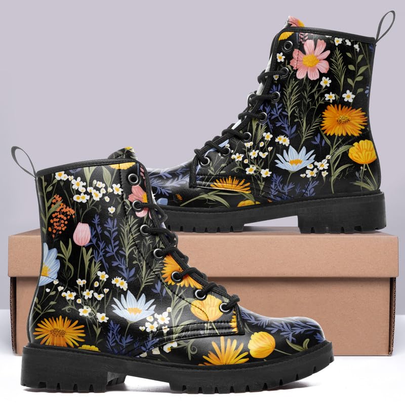 Image of Fashion Ankle Boots For Men Women Floral Mushroom Star Trendy Lace Up Unisex Booties Combat Trendy Street Wear Boots