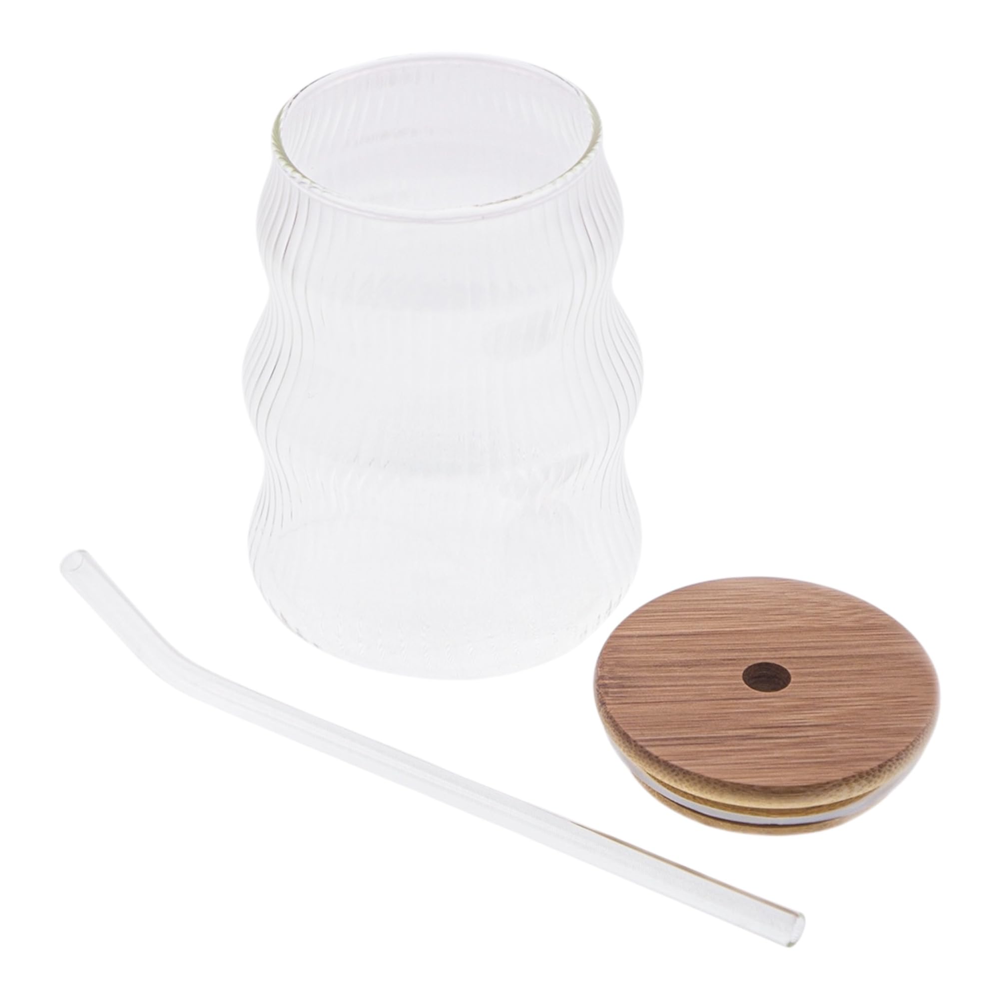 renovon 500ml Bambu Kapaklı Cam Bardak, Cam Pipetli Silikon Kapak Contalı İnce Çizgi Desenli Sıcak Soğuk İçecekler için Kahve Meyve Suları ve Çayları için Ergonomik Şık Tasarım
