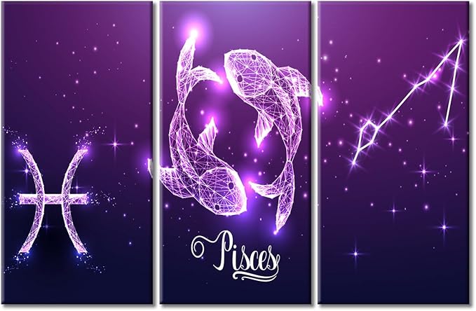 TUMOVO Astrology Horoscope Wall Prints Zodiac Canvas Wall Art 3 Panels Futuristic Pisces Zodiac Sign on Dark Purple Background Wall Art for Living Room Stretched and Framed Ready to Hang (60