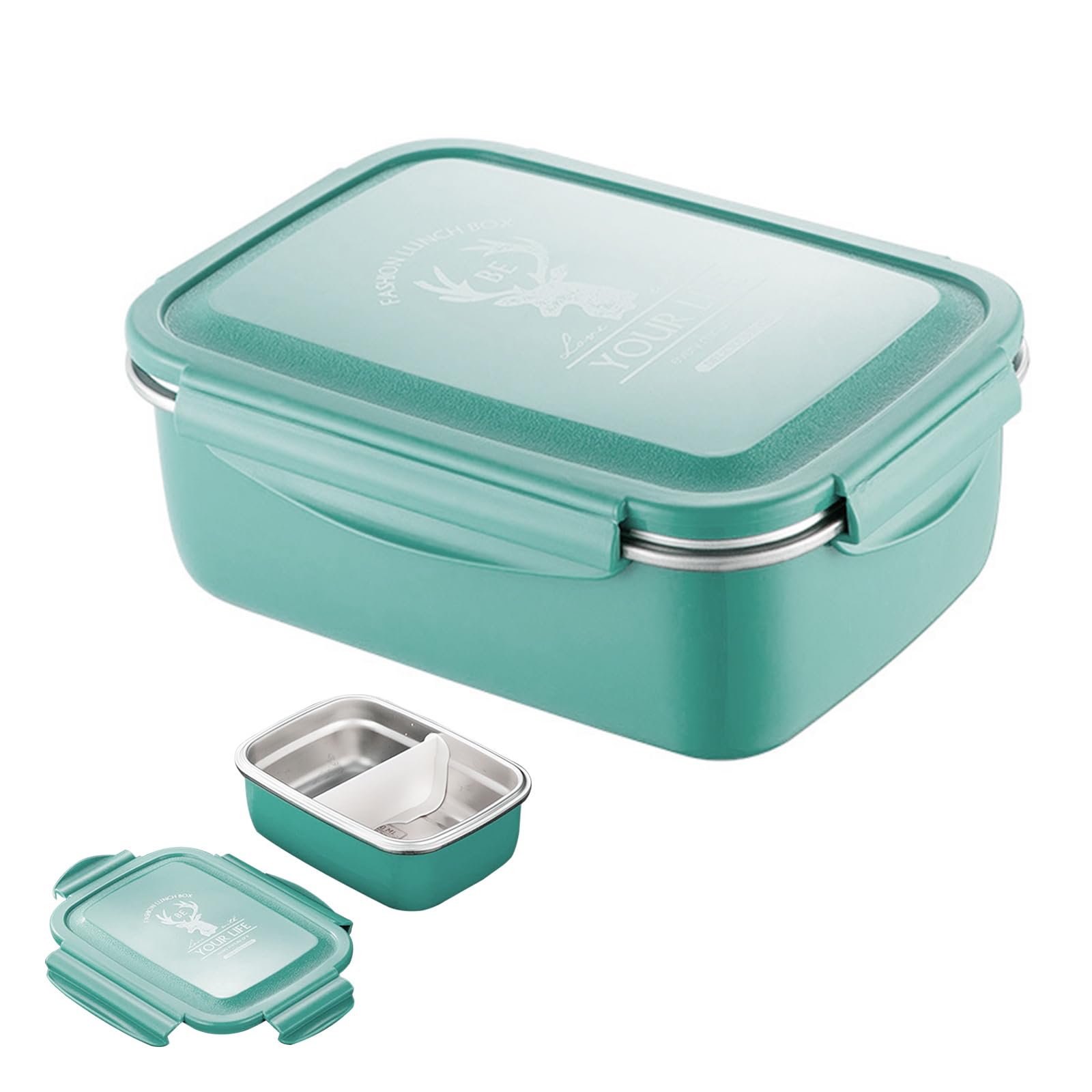 TokenhighBento Box, Stainless Steel Lunch Box for Kids and Adults, Leakproof with Removable Compartments (850ml, Green)