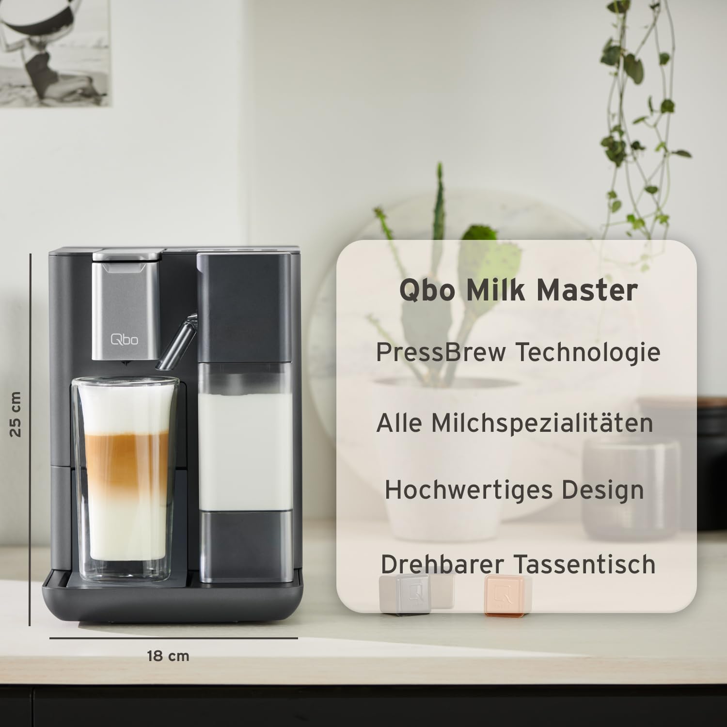 Tchibo Qbo MILK MASTER Premium Kapselmaschine inkl. 16 recyclebare Qbo Kapseln für Cappuccino, Espresso, Caffè Crema, Milchschaum auf Knopfdruck mit abnehmbarem Milchtank 300ml, Gentle Grey