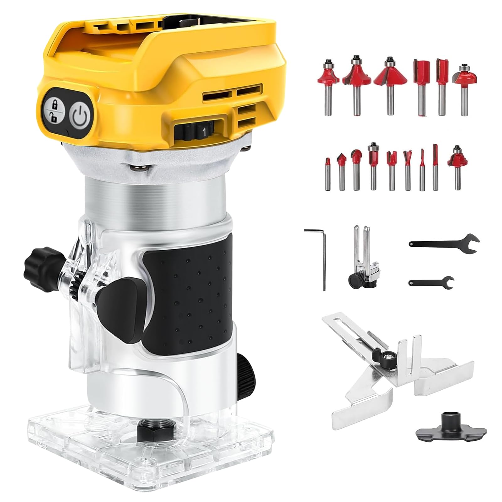 Akku Oberfräse kompatibel mit Dewalt 18V Akku, 1300W Oberfräse Trimmer Einhandfräse, Bürstenloser Kantenfräser mit 6 Geschwindigkeit, 28.000 U/min Akku-Holzfräser für Holzbearbeitung (no Ak-ku)