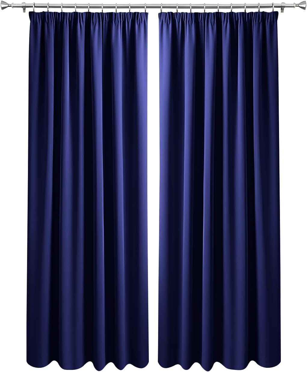 Imperial Rooms Blackout Pencil Pleat Curtains for Bedroom 66 x 84 Drop Inch Navy Curtains Thermal Insulated Door Curtain, 2 Panels with Tiebacks