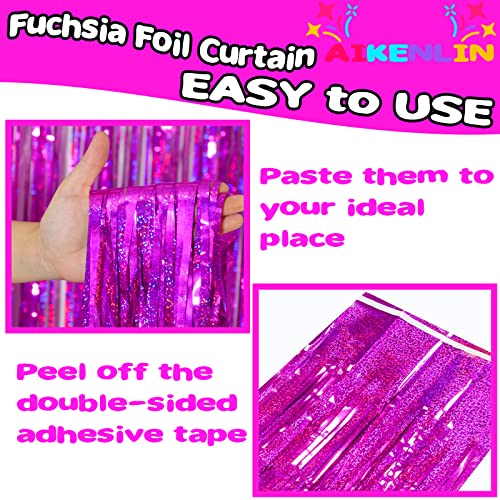 Image of 4 Pack 3.2Ft x 8.2Ft Fuchsia Foil Fringe Curtain Backdrop, Metallic Tinsel Foil Fringe Streamers Curtains Background for Photo Booth, Birthday, Wedding, Disco, Bachelorette, Christmas Party Decoration