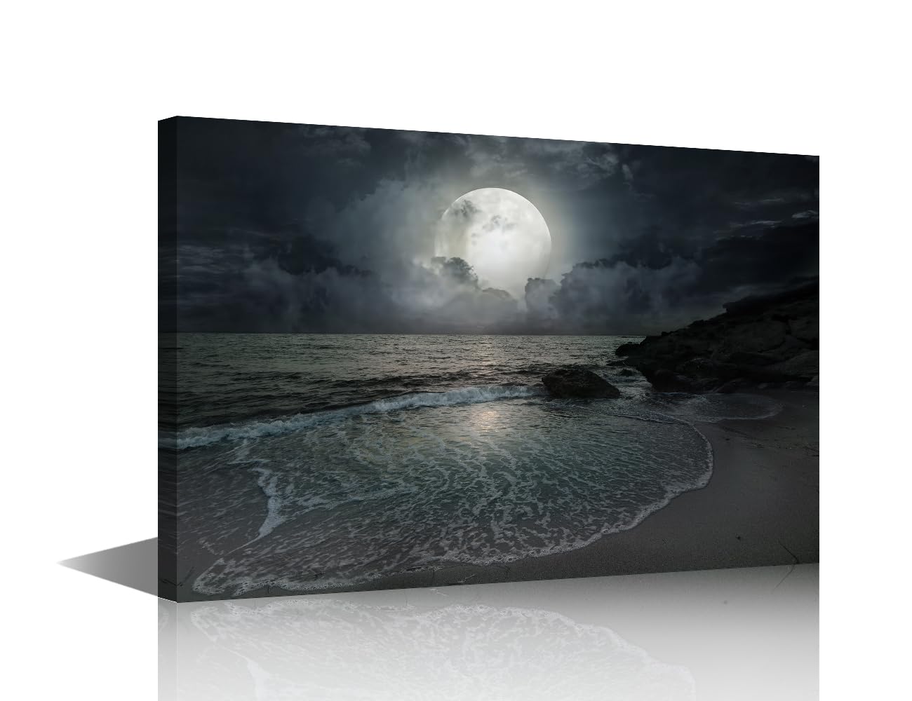 TISHIRON Modern Abstract Artistic Background Wood Framed Black Wall Art Picture Beach Art Moon Nightscape Hd Photography Photo Painting Artwork for Living Room Bedroom Office Wall Decor 1Pcs 18x12in