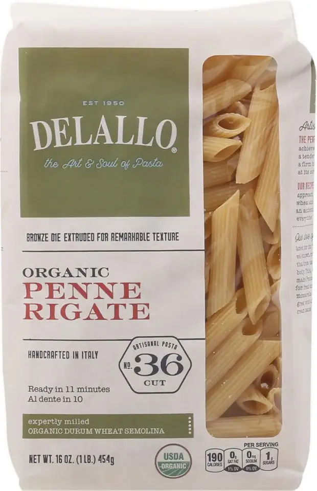 DELALLO Organic Penne Rigate #36, 16 OZ USDA Organic