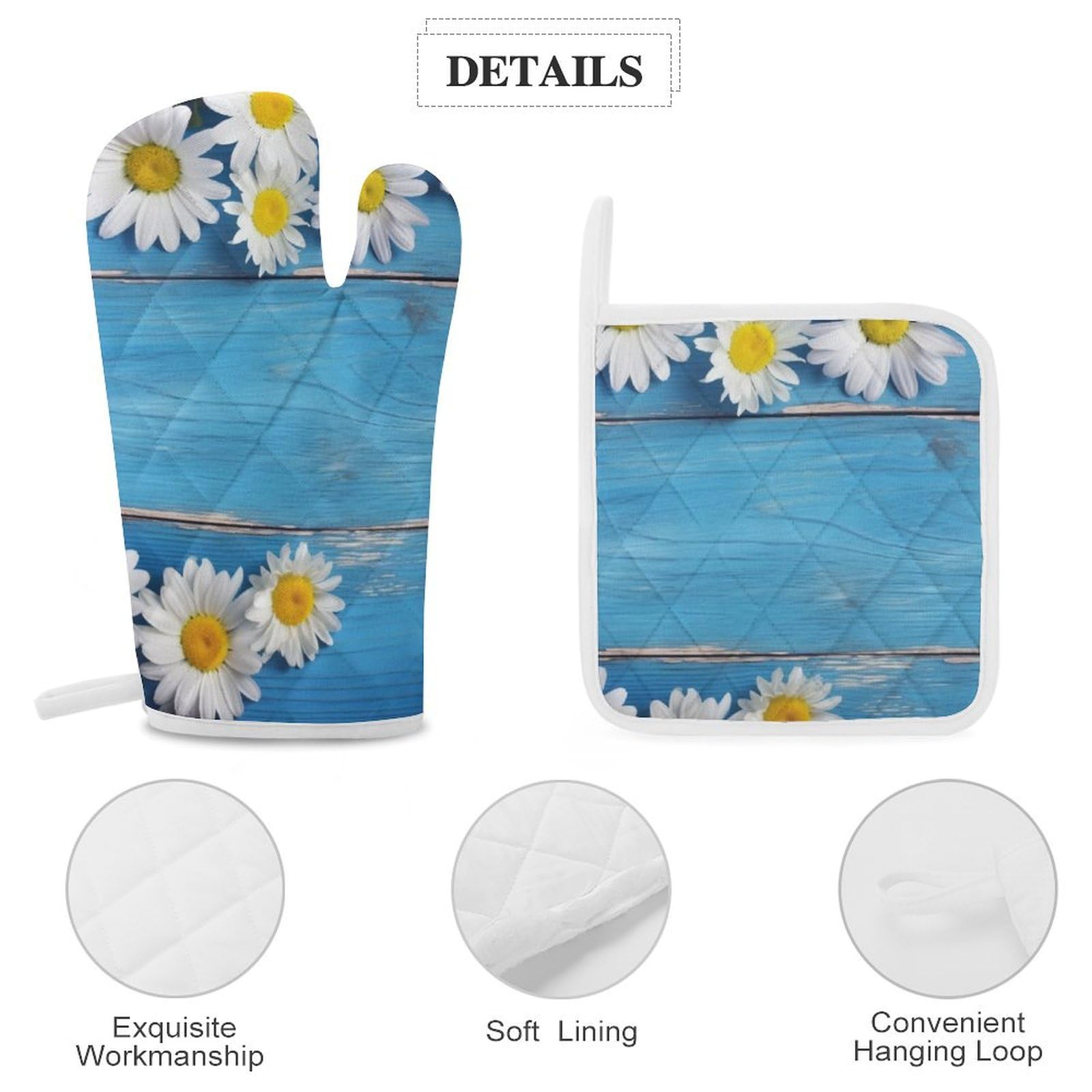 Lot de 4 maniques de cuisine en bois résistant à la chaleur avec coussinets chauds à suspendre Motif marguerites Bleu