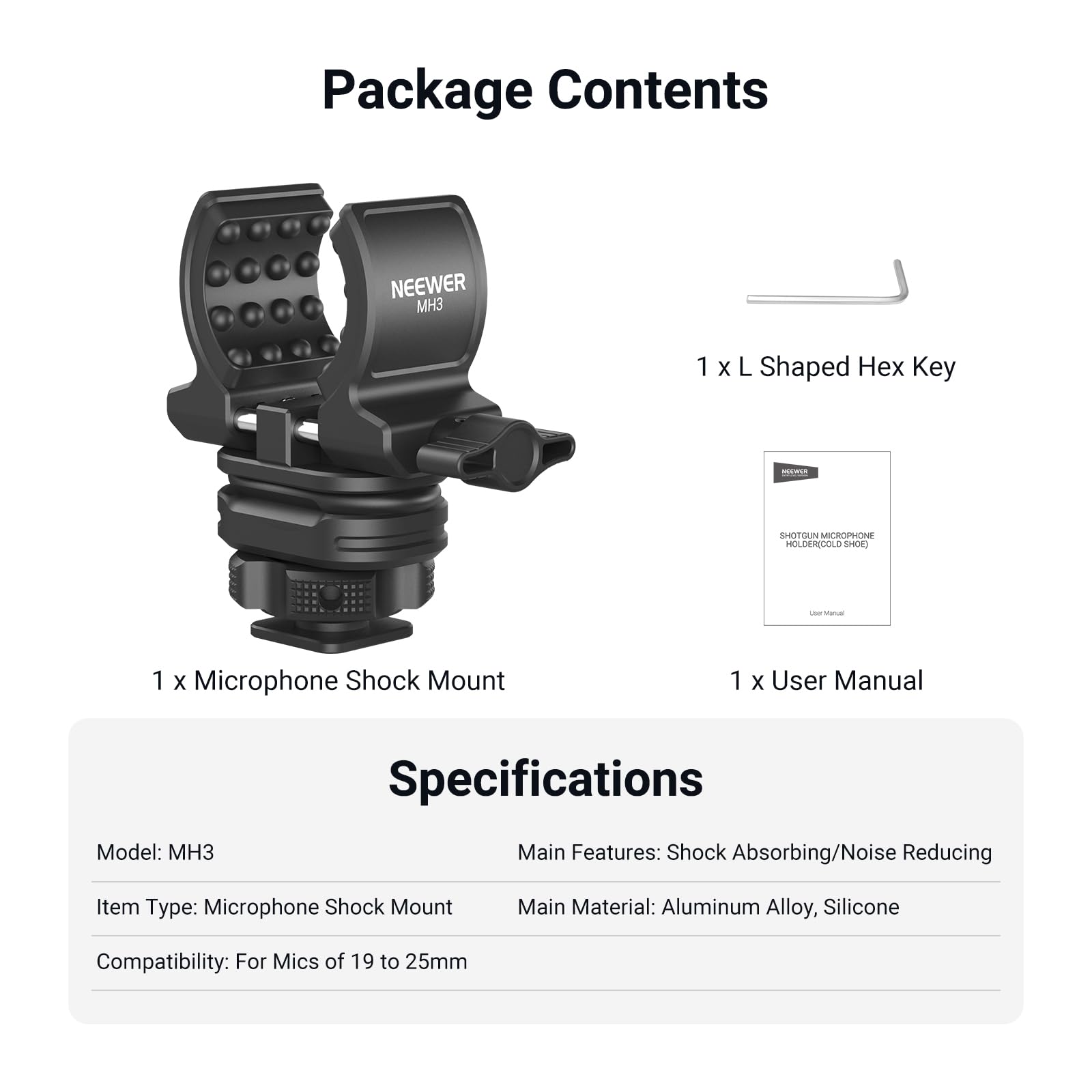 NEEWER Micrófono Soporte con Zapata Fría Adaptador Shock Absorb Micrófono | MH3, Montura, Reducción de Ruido Accessories con Built in Silicone Pads, para Mics of 0.7" to 1" (19 to 25mm) in Diameter