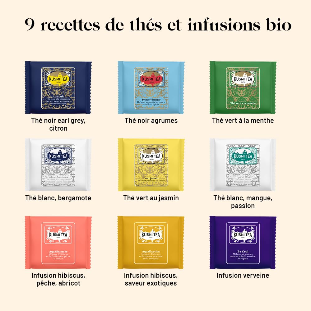 Kusmi Tea - Coffret "Kusmi Découverte" - Assortiment de Thés Bio - Idée Cadeau Homme et Femme - Thés Noirs, Thés Blancs, Thés Verts et Infusions - 45 Sachets - Sélection de 9 Recettes Iconiques