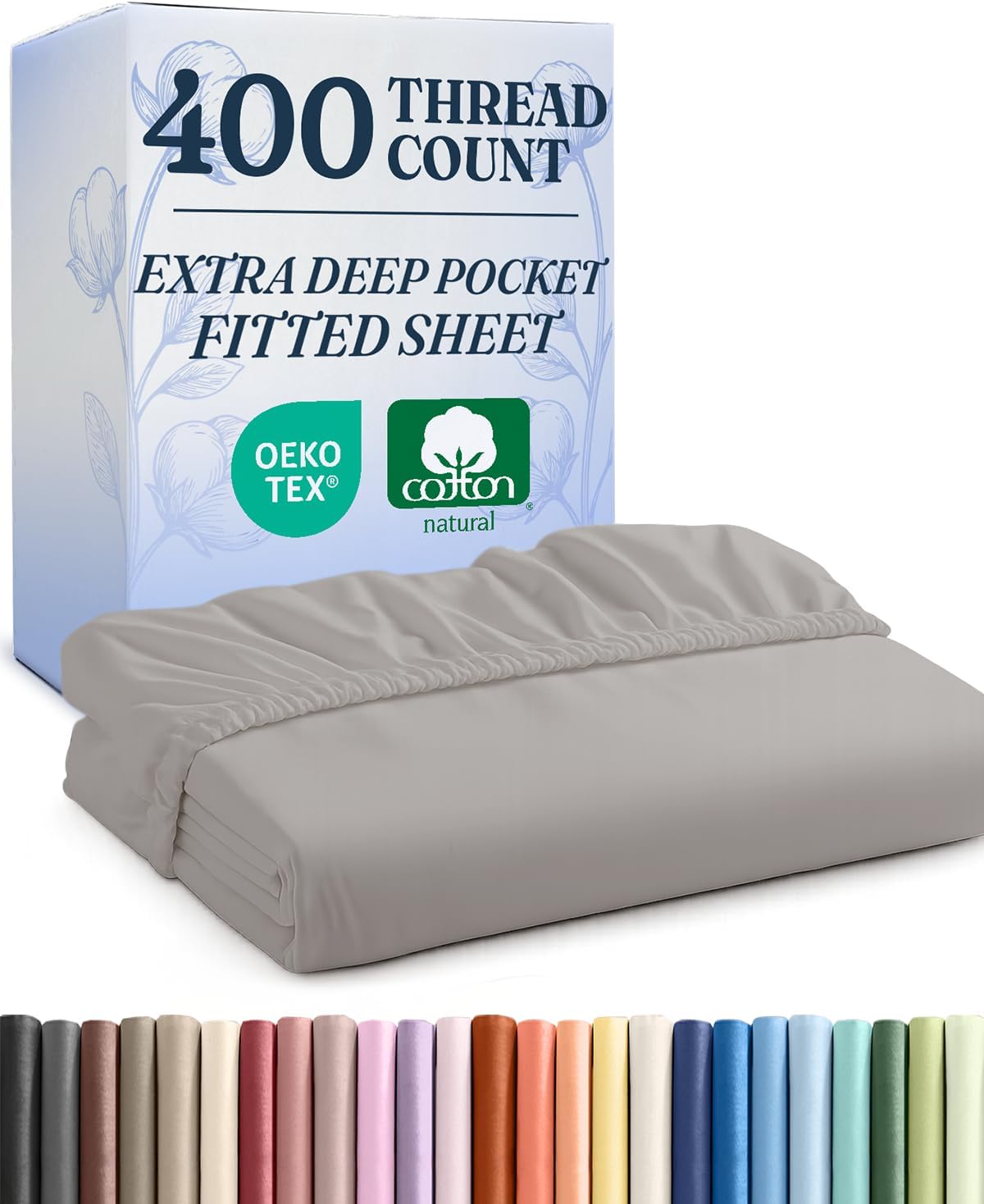 Extra Deep Twin 400 Thread Count Cotton Fitted Sheet - Hotel Luxury Single Fitted Sheet Only - Easily Fits 18" to 24" Mattress - Soft, Wrinkle Free & Breathable & Comfy Extra Deep Pockets Light Grey
