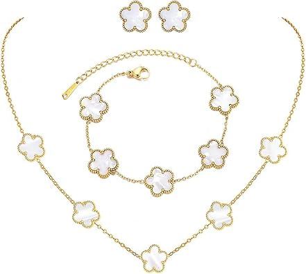 Lucky Five Leaf Clover Sets,18K Gold Plated Bracelet Necklace Earrings,Five Leaf Clover Necklace Pendant Earring Bracelet Set ,Jewelry Gifts for Women