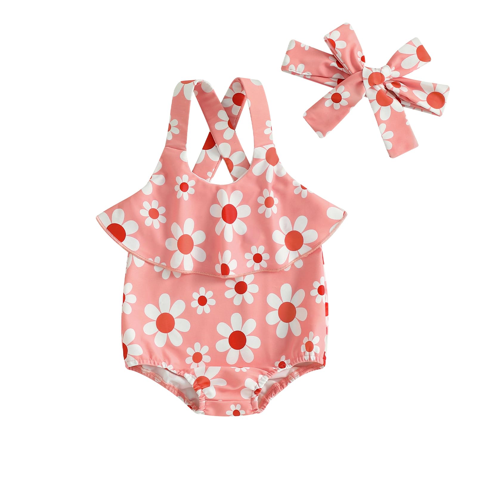 Daisy Toddler Swimsuit Baby Girl Floral Bathing Suit Ruffle Tankini Swimwear Sleeveless Strap Romper Beach Outfits (Pink, 12-18 Months)