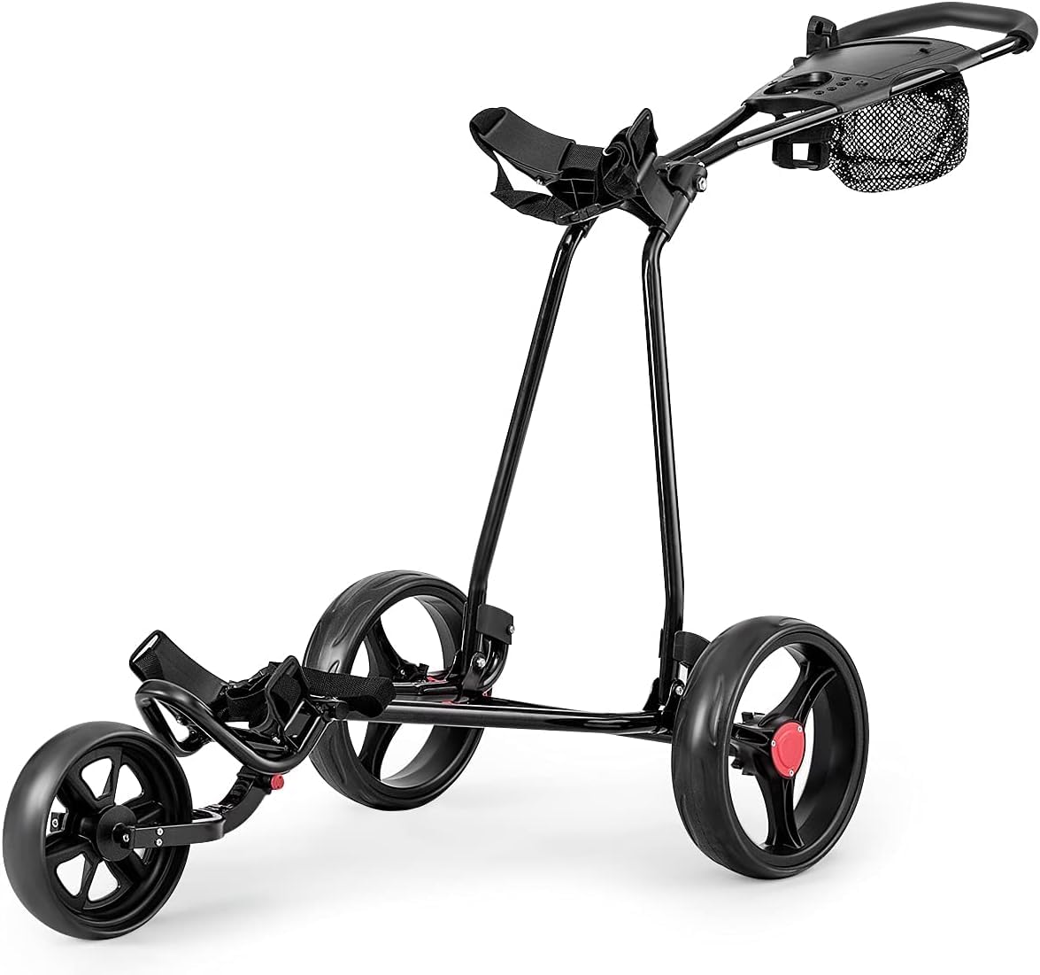 GYMAX Carro de Golf Plegable, 3 Ruedas, Red de Malla, Soporte Paraguas, Hierro, Negro