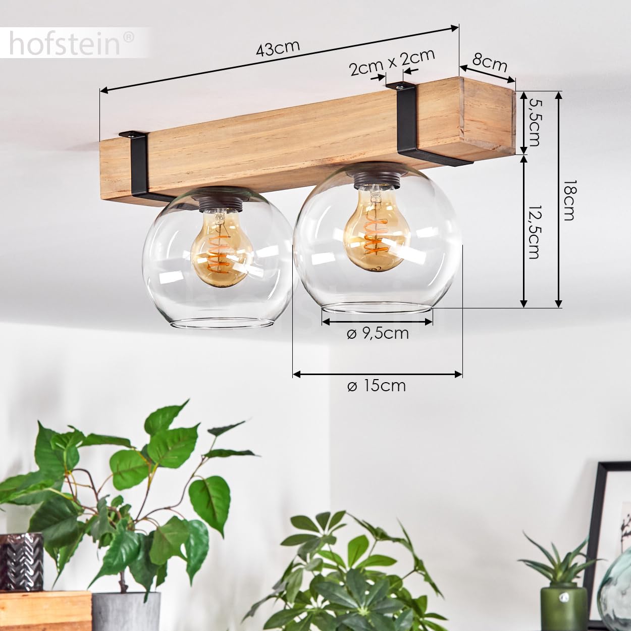 HOFSTEIN Montgomery - Lampada da soffitto in legno/metallo/vetro naturale/nero/trasparente, moderna lampada in stile scandinavo/bohémien con travi in legno, 2 x E27, per camera da letto, soggiorno