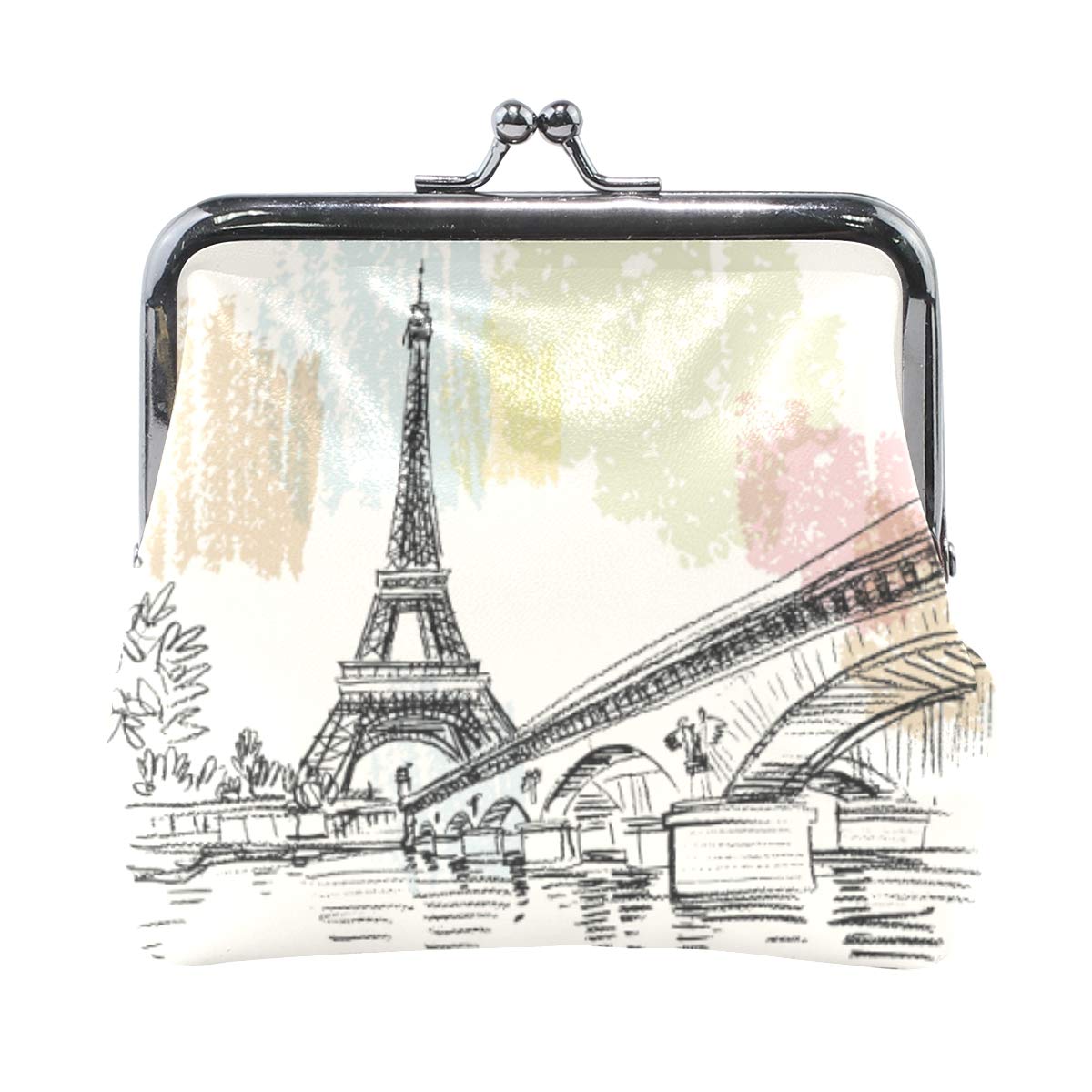 ZZAEO Vintage Sketch Paris Eiffel Tower Bridge Cute Coin Purse for Women Retro Money Pouch with Kiss-lock Buckle Small Wallet Card Change Holder