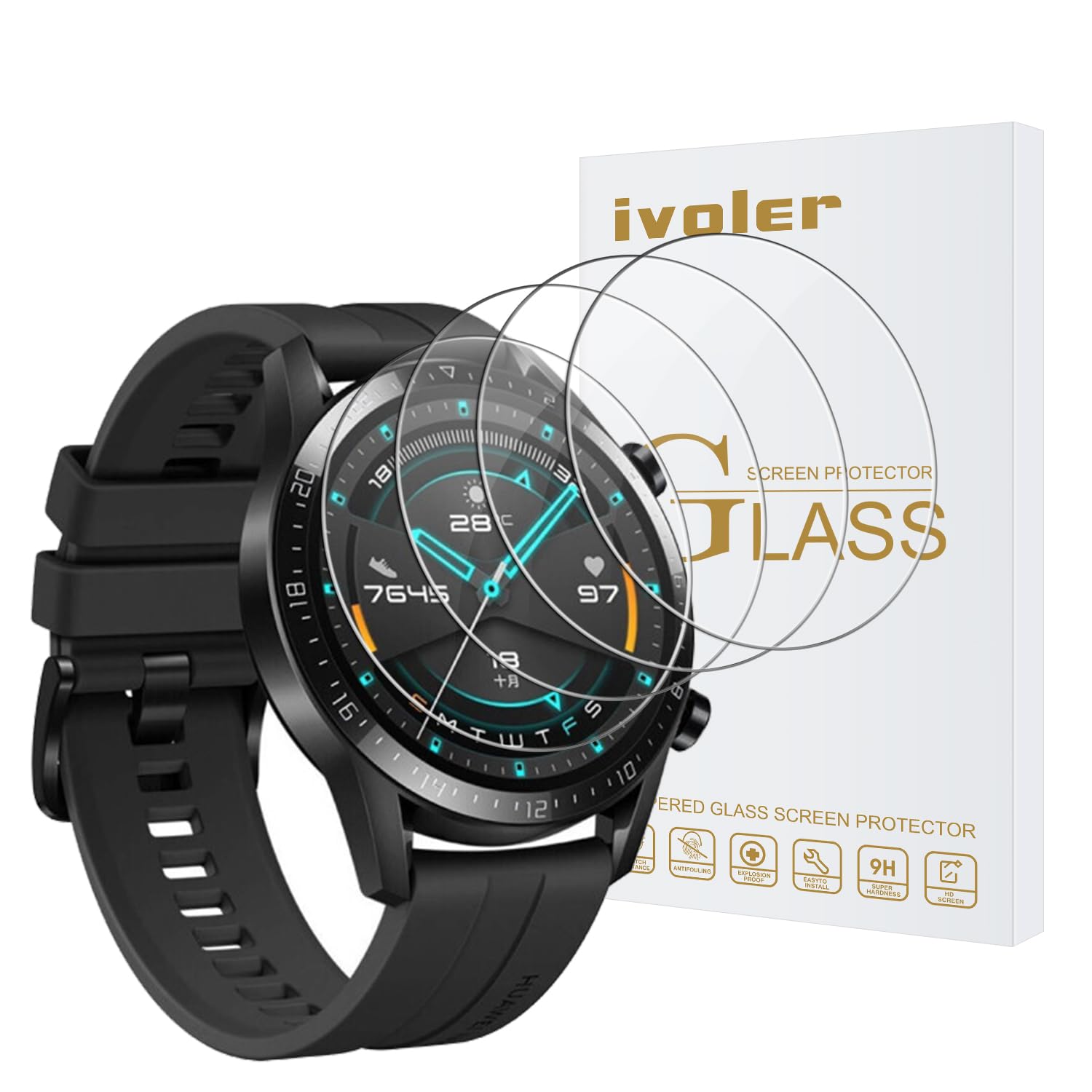 ivoler 4 Piezas Cristal Vidrio Templado Protector de Pantalla para Amazfit GTR 4 / Balance/Garmin Fenix 8 47mm Solar/Sapphire Solar/Forerunner 935 / 735XT / Huawei Watch GT 3 46mm / GT 2 46mm