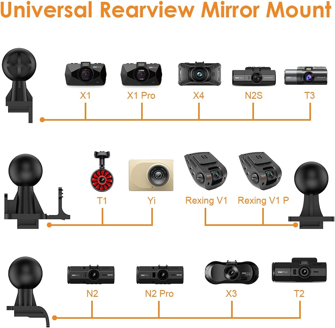 Vantrue Dash Cam Rearview Mirror Mount for N2 Pro, N2S, T3, N2, X4, X3, T2, T1, X1, X1 Pro Dash Cams, Rexing V1, V1P Dash Cams, Yi 89006 Dash Cam