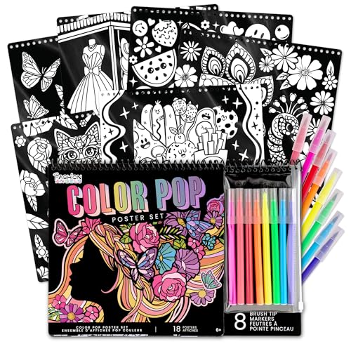 Fashion Angels Color Pop Poster Set, Includes 18 Posters & 8 Brush Tip Markers for Kids, Tweens & Teens, Perfect for Arts & Crafts, Coloring & DIY Room Decor