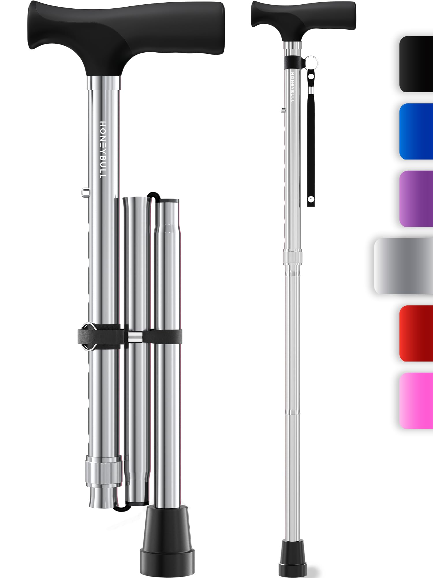 HoneyBull Walking Cane | Single Tip Canes for Men & Women, Foldable, Adjustable, Heavy Duty Up to 250 Pounds, Walking Canes for Seniors (Silver)