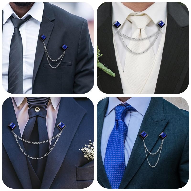 Image of Gem Brooch Pins Hanging Chain Lapel Pin for Men Suits Shirt Collar Brooch Square Crystal Brooch Pin Rhinestone Lapel Pins for Men Tassel Chain Brooch Collar Pins Business Suit Shirt Accessories