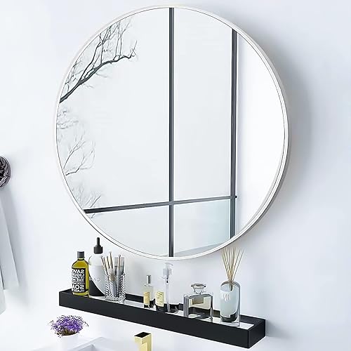 Miniatura 4 de Espejo redondo de 20 x 20 pulgadas montado en la pared, marco de metal de aleación de aluminio, maquillaje de vidrio HD, para baño, entrada,