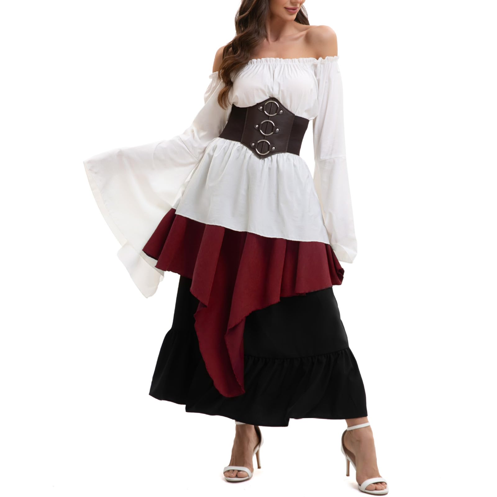 Renaissance Kostüm Damen Mittelalter Kleid Langarm One Shoulder Kleid Maxi | Glockenärmel Gothic Kleidung, Corsagenkleid, Faschingskostüm, Viktorianisches Kostüme, für Cosplay Karneval Halloween