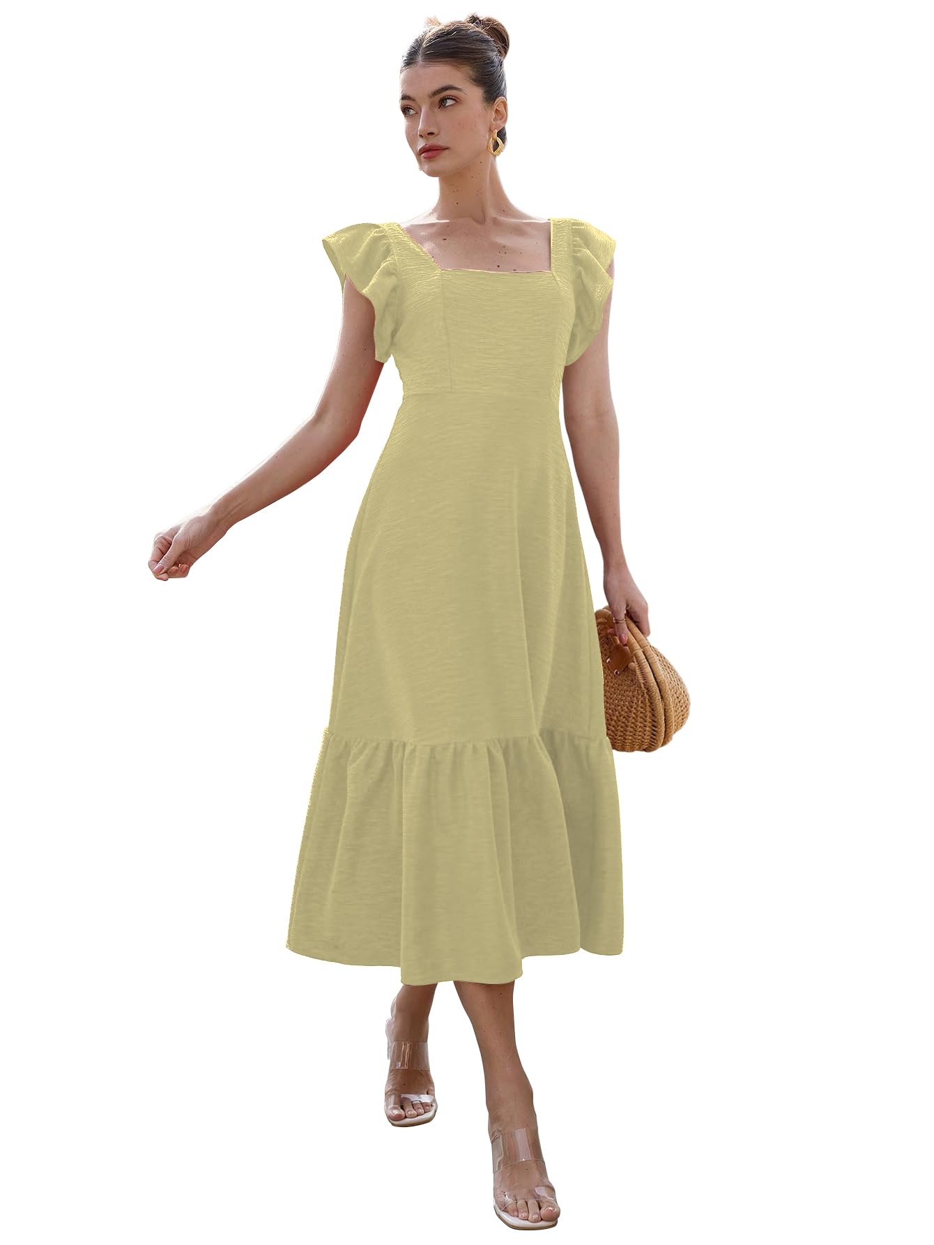 sugathari Girl's & Women's Solid Color Square Neck, Ruffle-Trimmed Hem Sleeveless, Ruffle Armhole and Casual Dress with Cinched Waist Vacation Outfits Woman (Dress 176)-picture-22