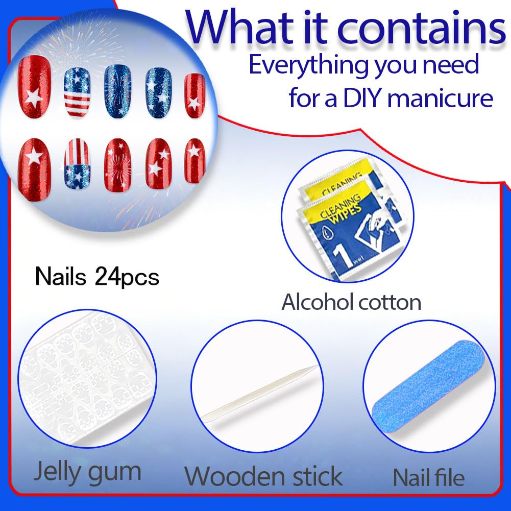 4th of July Press On Nails - Fourth of July Short Almond Fake Nail with American Flag Red White and Blue Design Acrylic Artificial False Nail Press Ons Stick On Nails for Women