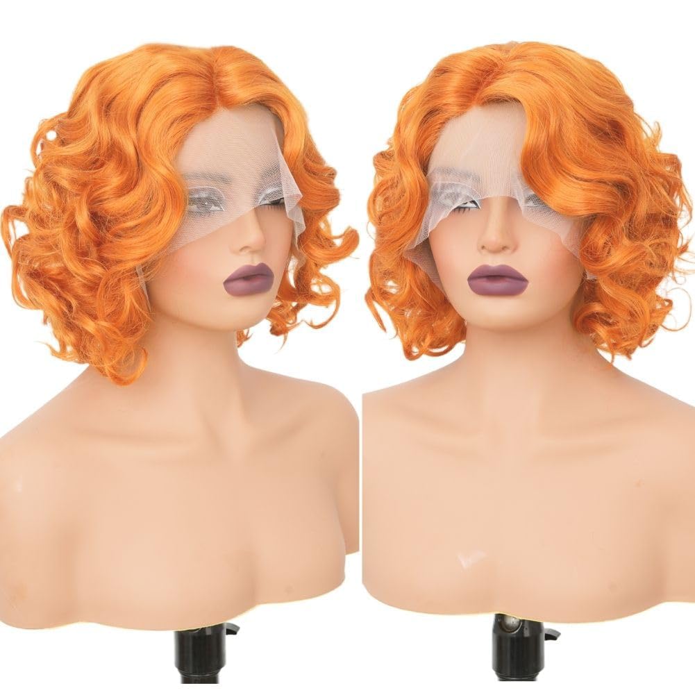 Orange Short Curly Wigs for Women 1920s Costume Lace Front Finger Wave Wig Vintage Side Part Heat Resistant Fibre Halloween Cosplay Party Hair Wig