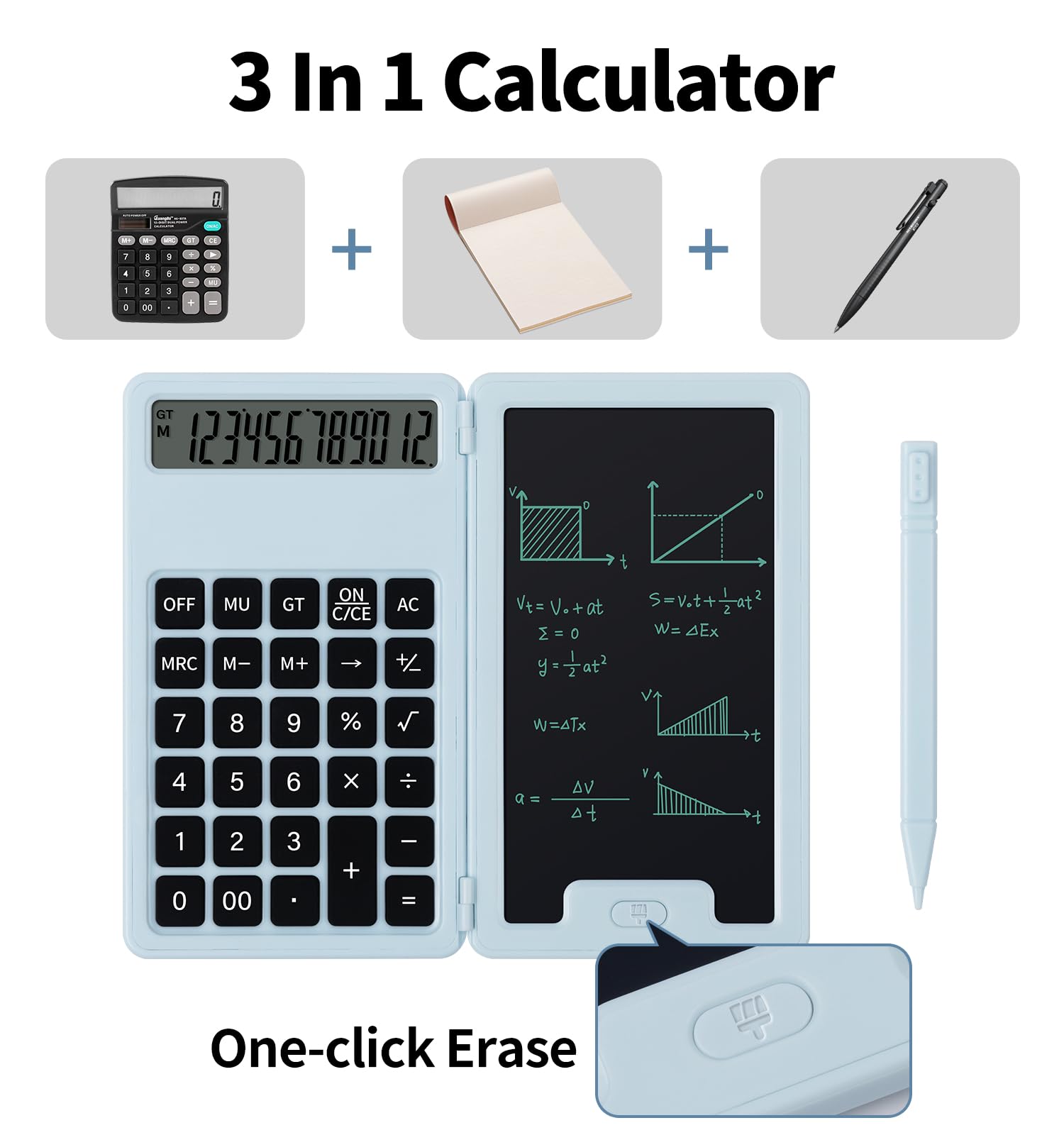 Calculadora básica portátil de escritorio con bloc de notas y lápiz capacitivo, pantalla grande de 12 dígitos, multifunción para oficina, escuela, hogar y finanzas básicas (azul)