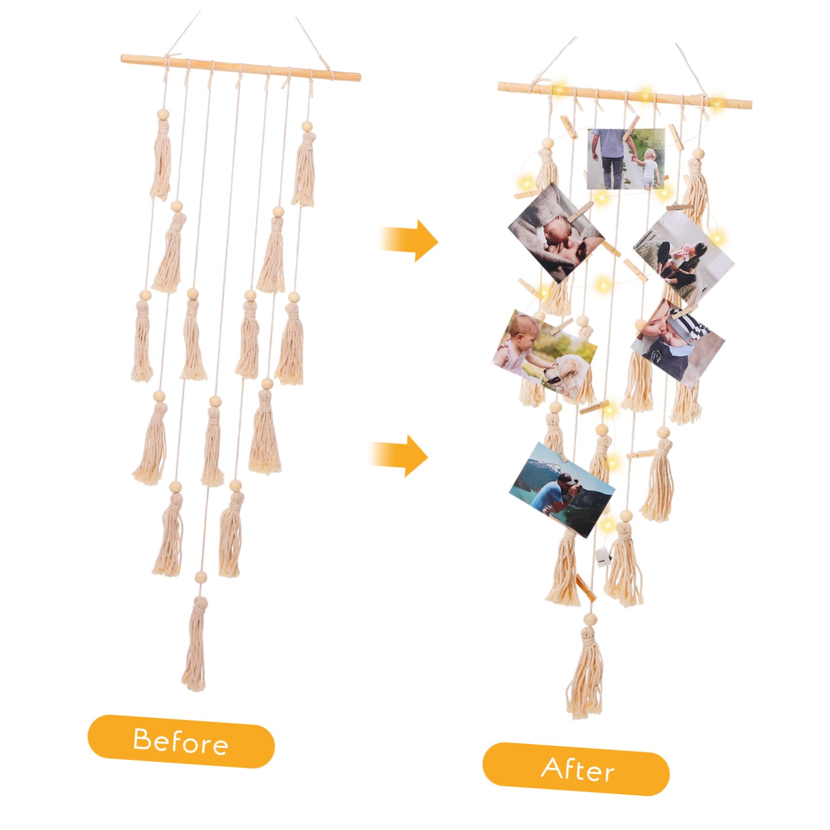 VINTORKY Macrame Photo Wall Display with Clips and Lights Beige Wall Decor for Birthday Party Decorations Multi Functional Hanging Picture Storage Beautiful Cotton Thread Design Large