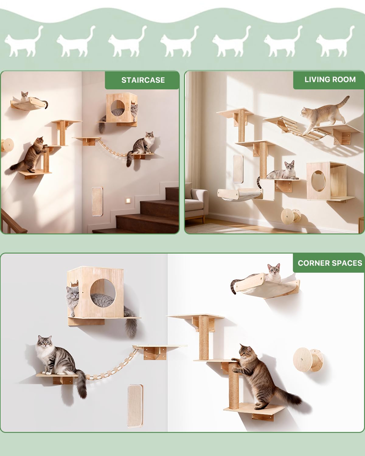 Mensole da Parete per Gatti 6 in 1, Parete per Gatti con Ponte, Cuccia a Muro, Gradini, Amaca, Struttura da Arrampicata e Tiragraffi, Set da Mobili Salvaspazio per Interni, Fino a 15 kg