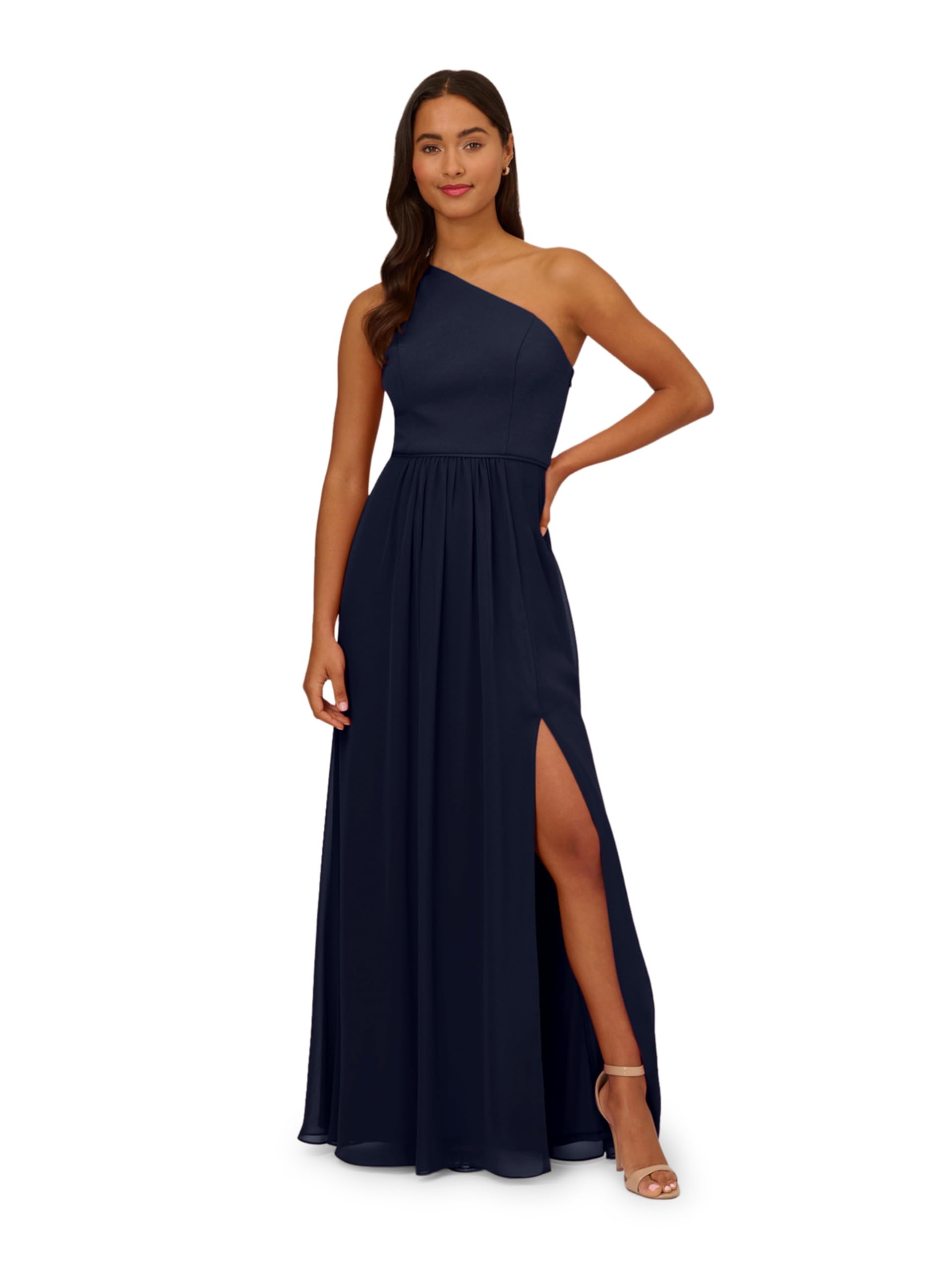 Adrianna Papell Women's One Shoulder Chiffon Gown Special Occasion Dress, Midnight, 8