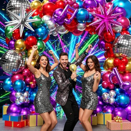 Image of Shiny Chrome Balloon Garland Arch Kit 160Pcs with Star Microphone Disco Musical Symbols Foil Balloons, Kpop Balloons Arch Kit for Birthday 80s 90s Theme Neon Galaxy grad Prom Party Decor