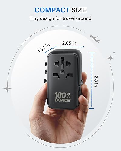 Miniatura 8 de DOACE Adaptador de viaje universal, adaptador de enchufe de viaje europeo GaN 3.0 de 100 W con cable USB-C integrado, adaptador de corriente
