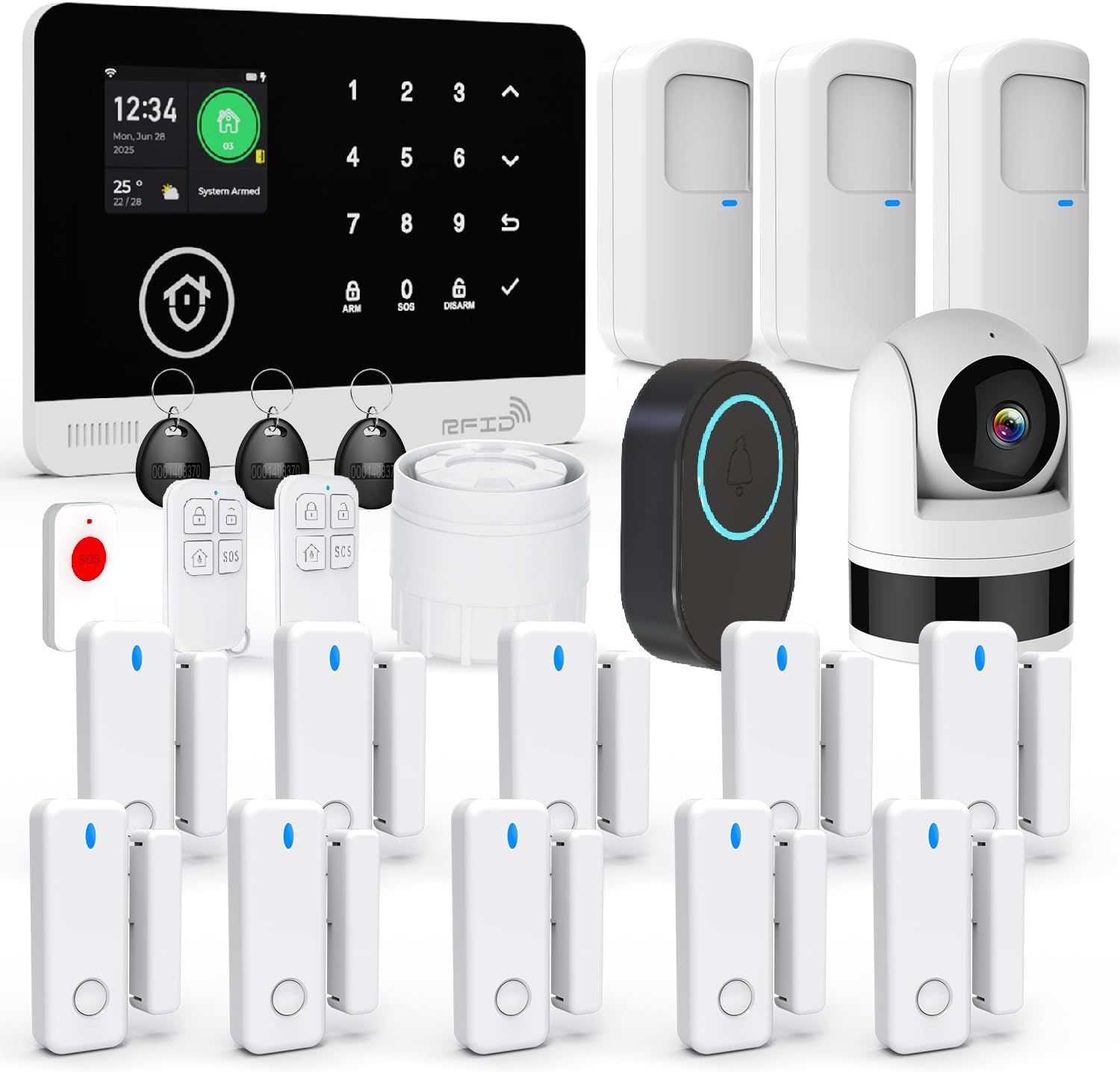 Home Alarm System with Camera, 23 Pieces Wireless WiFi/GSM SMS Home Security System with Motion Detector, 120dB Alarm Siren, Remote Control, Doorbell Button and SOS Button for Villa,Warehouse