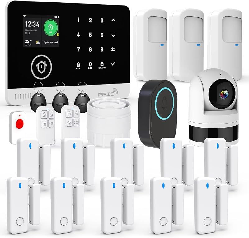 Sistema de alarma para el hogar con cámara, 23 piezas Sistema inalámbrico de seguridad para el hogar WiFi/GSM SMS con detector de movimiento, sirena de alarma de 120 dB, control remoto, botón de timbre y botón SOS para villa, almacén