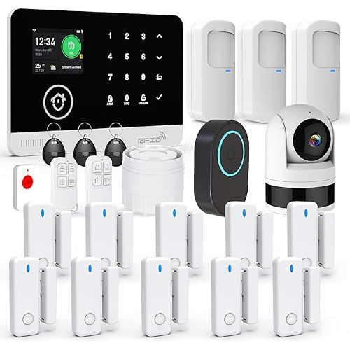 Home Alarm System with Camera, 23 Pieces Wireless WiFi/GSM SMS Home Security System with Motion Detector, 120dB Alarm Siren, Remote Control, Doorbell Button and SOS Button for Villa,Warehouse