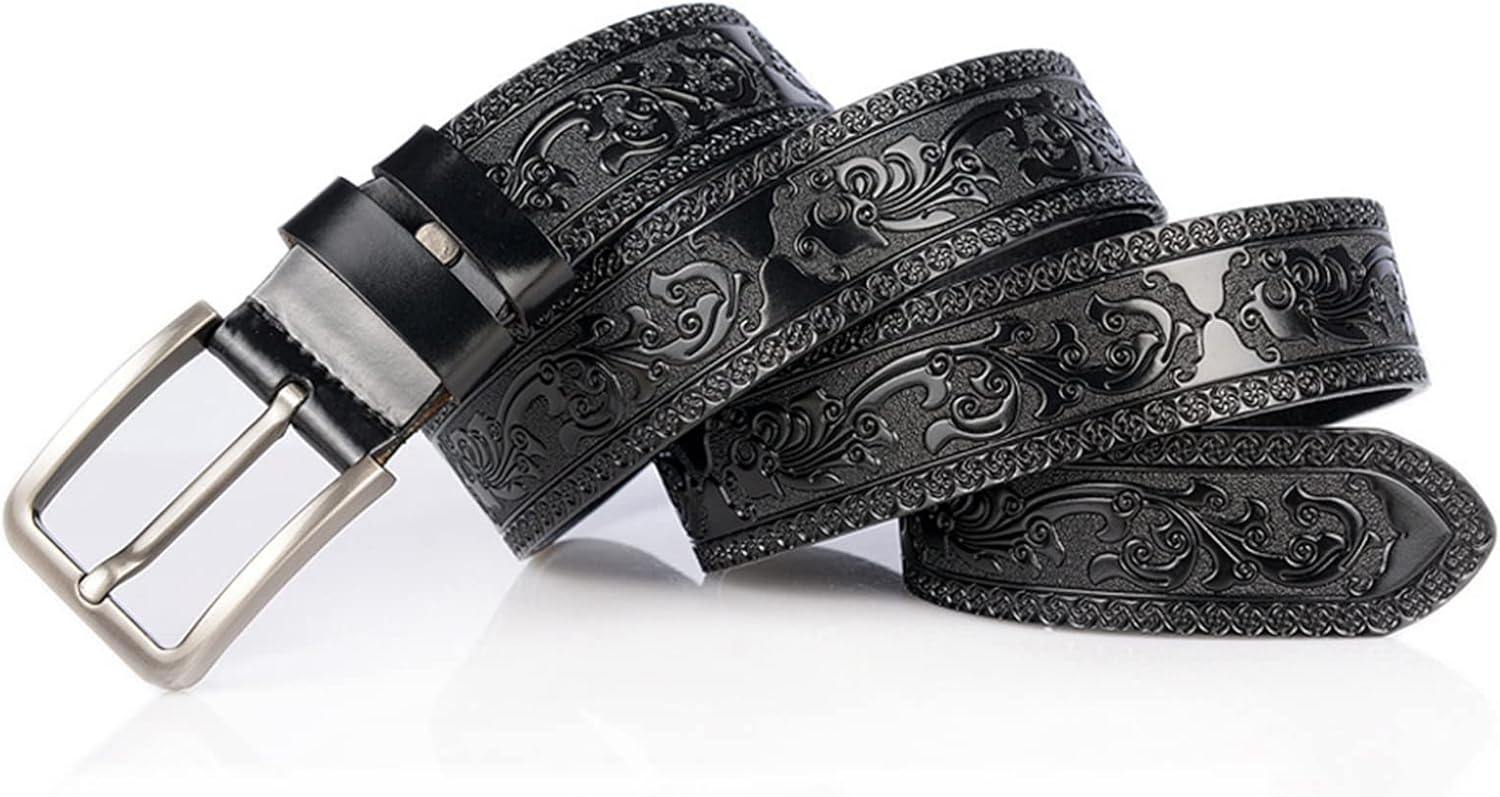 Men's Casual Genuine Leather Jeans Belts Vintage Leather Engraved Strap with Single Prong Buckle - Image 6