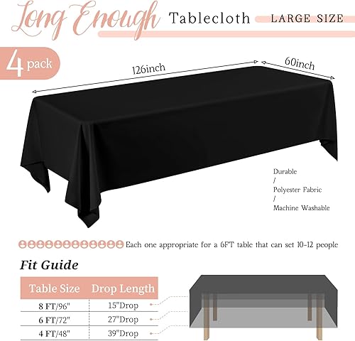 Miniatura 3 de Paquete de 4 manteles de poliéster negro de 60 x 126 pulgadas para mesa rectangular de 8 pies, resistentes a las arrugas, tela lavable, mantel negro