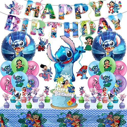 Stitch Birthday Party Supplies Stitch Birthday Decorations Include Birthday Banner Foil Balloons Cupcake Toppers Tablecloth
