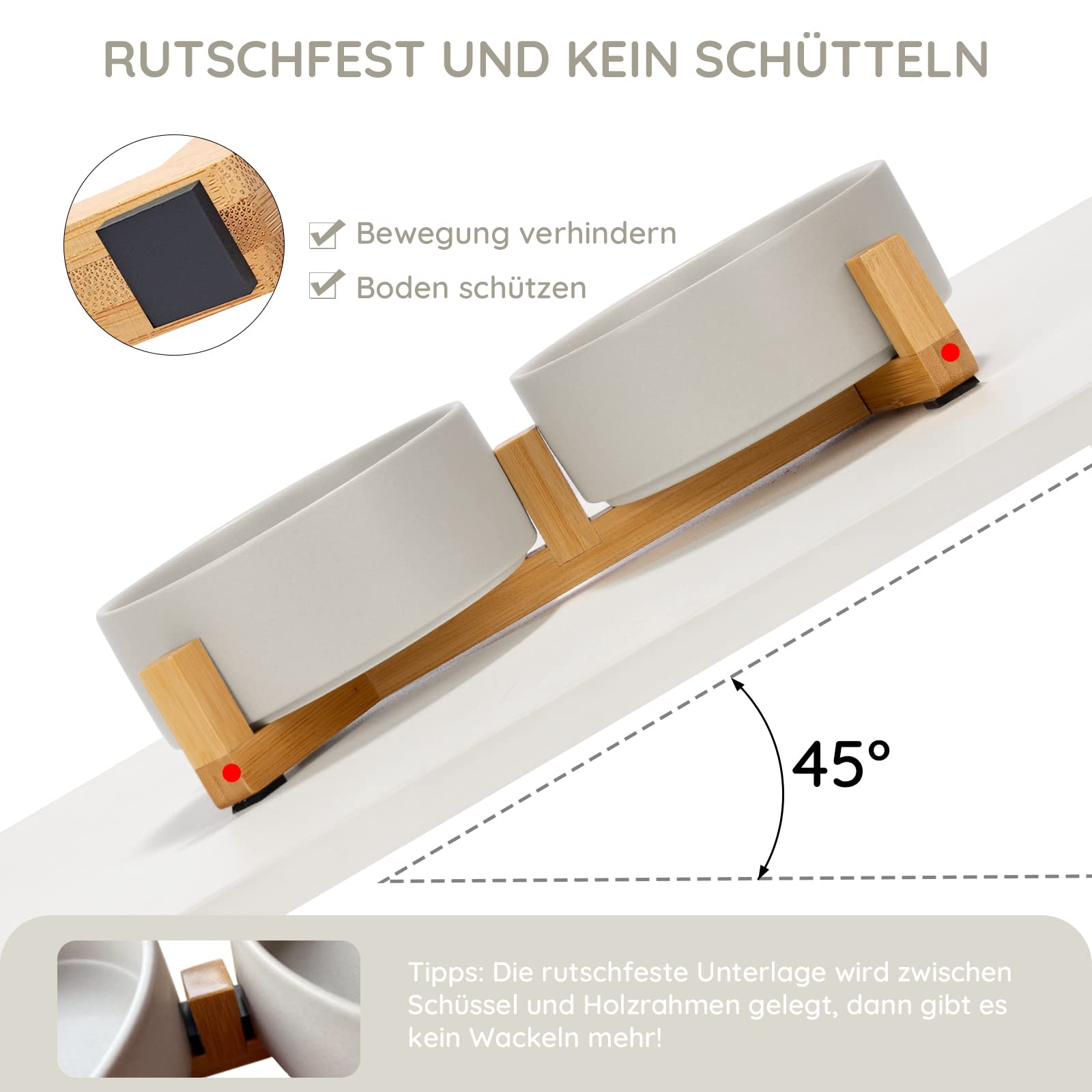 SPUNKYJUNKY Hundenapf Keramik Doppel Hund Futternapf mit Bambus Ständer für Katzen und Hunde (400ml, 2-Grau)