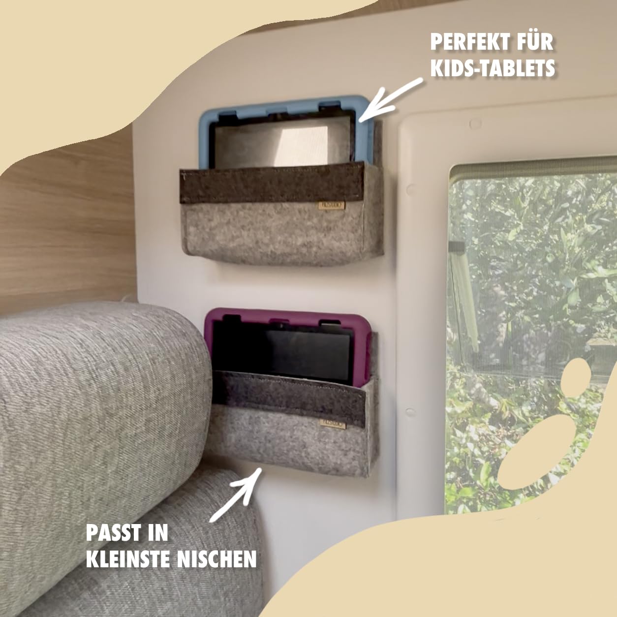 Filzstudio Wandtasche aus Wollfilz - Klebe-Klett - kleiner Wandorganizer für Wohnmobil, Bett & Flur, handgefertigte Filztasche aus 100% Merino-Wollfilz, Organizer für Handy, Kabel, Brille, 24 × 15 cm