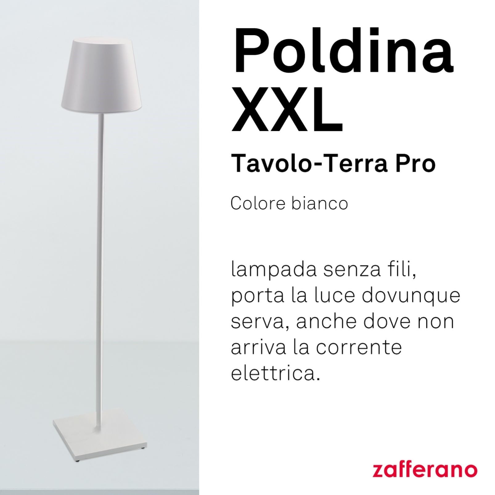Zafferano, Poldina XXL, Lampada da Terra Ricaricabile e Senza Fili con Controllo Touch, Adatta per Salotto ed Esterni, Dimmer, 2700-3000 K, Altezza Regolabile 69-150 cm, Colore Bianco