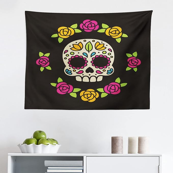 Ambesonne Sugar Skull Tapestry, Dia de los Muertos Concept Colorful Graphic Skull with Floral Wreath, Fabric Wall Hanging Decor for Bedroom Living Room Dorm, 28